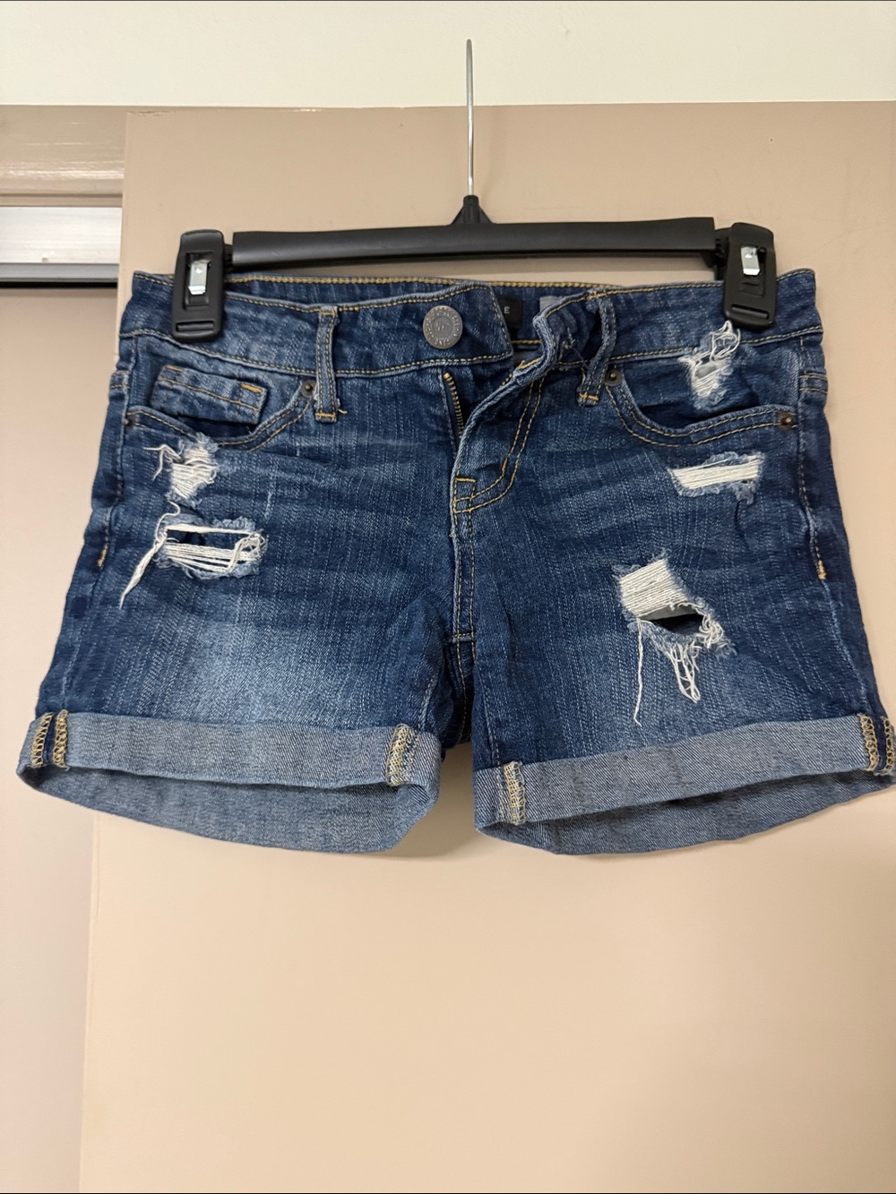 Aeropostale Distressed Rolled Hem Denim Shorts - Blue
